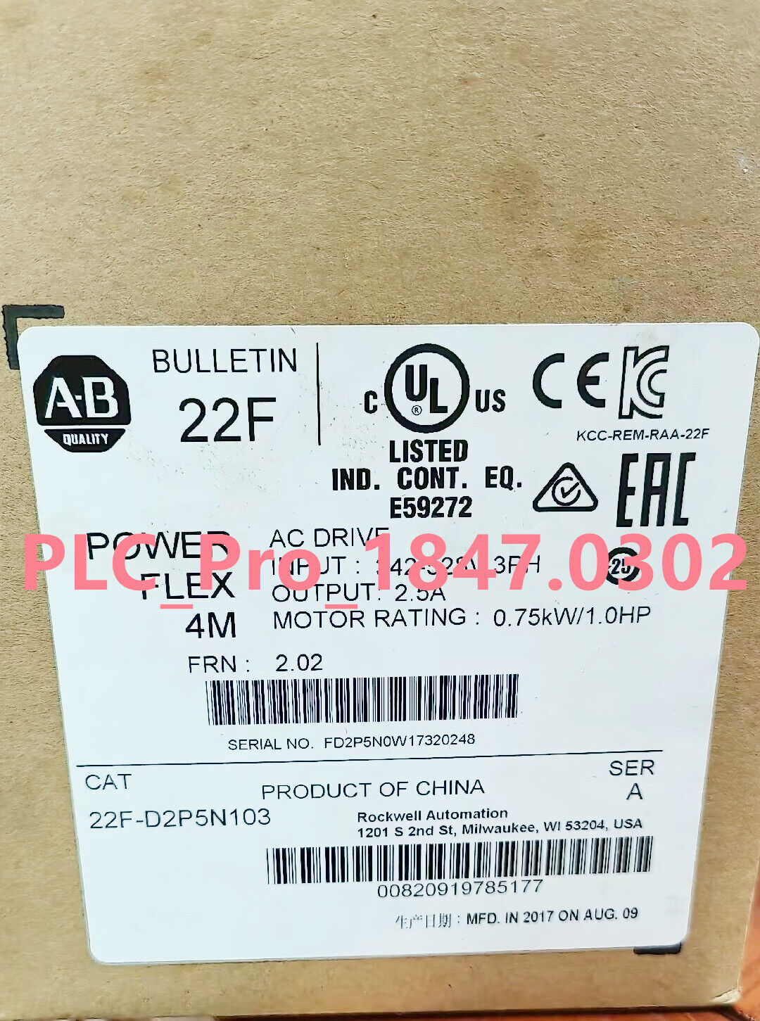 22FD2P5N103 Allen Bradley 22F-D2P5N103 4M 0.75kW 1HP AC Drive Platform